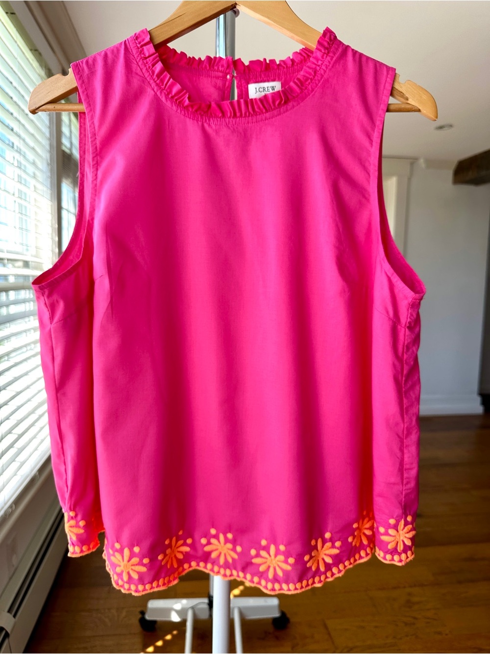 J. Crew Hot Pink Sleeveless Ruffle-Neck Top with Embroidered Floral Hem, Cotton